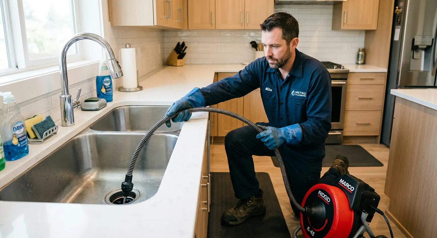 Drain cleaning technician using a motorized snake on a kitchen sink in Chico