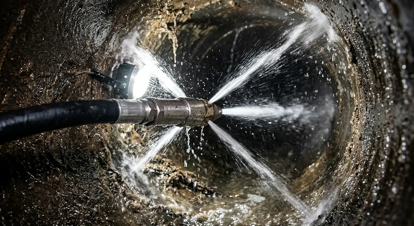 High-pressure hydro jetting nozzle cleaning sewer pipe for Trenchless Sewer Repair in Chico