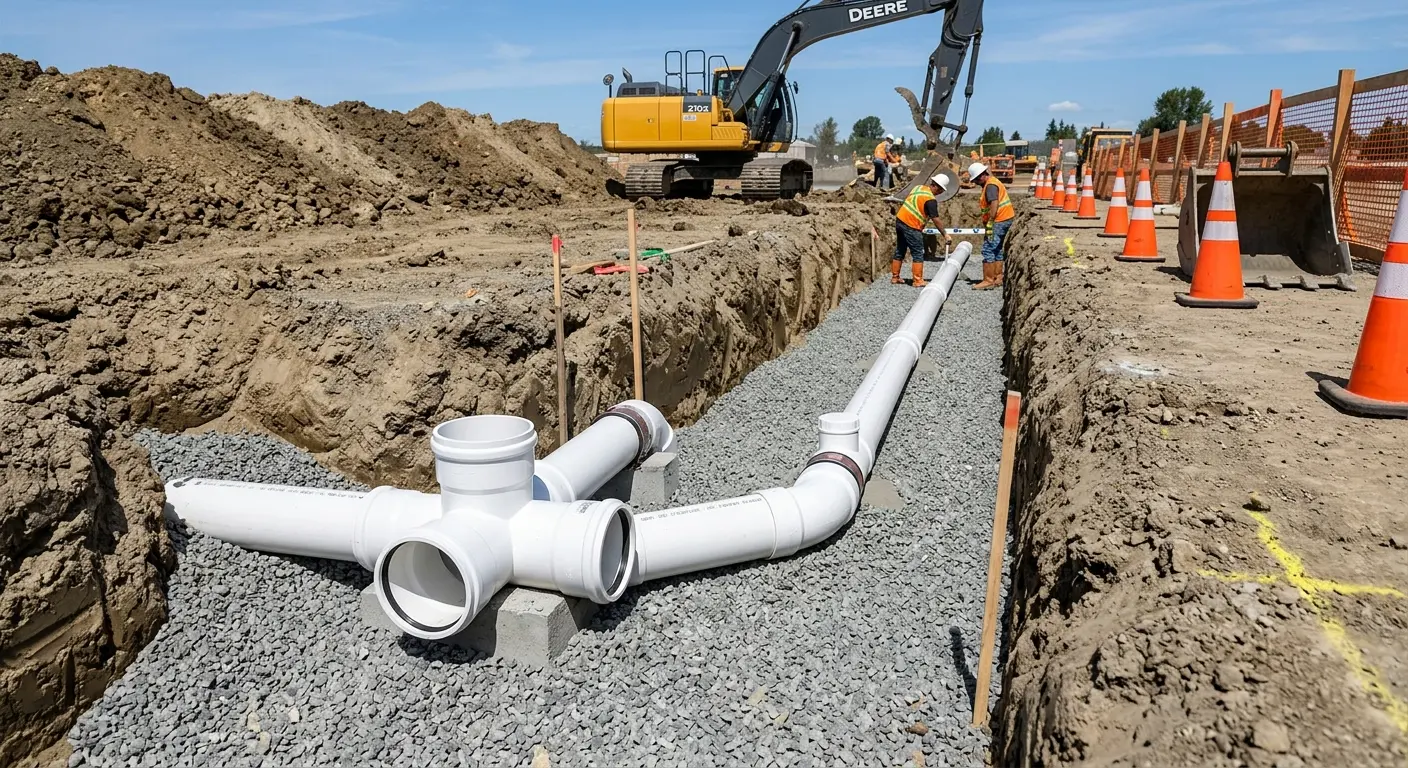 New PVC sewer pipe installation in open trench for Sewer Backup in Chico