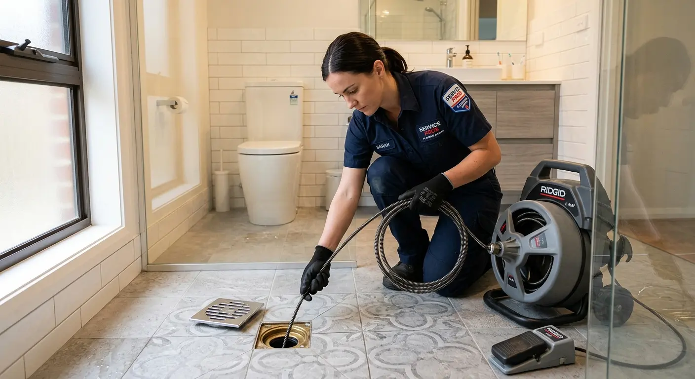 Technician clearing a bathroom floor drain for Drain Cleaning in Chico